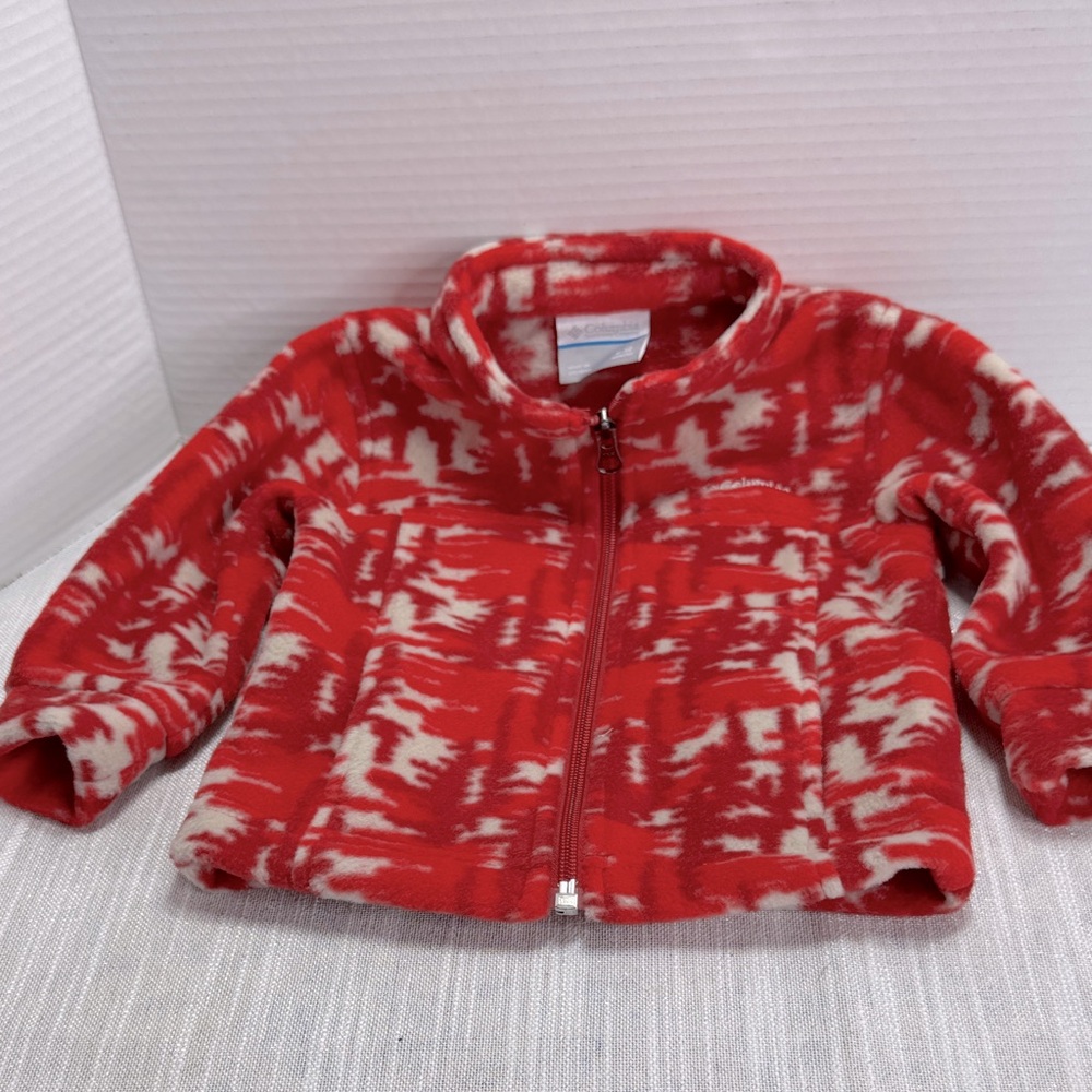 Columbia Jacket 6 to 12 months for zipper, long sleeve front pocket, red & cream